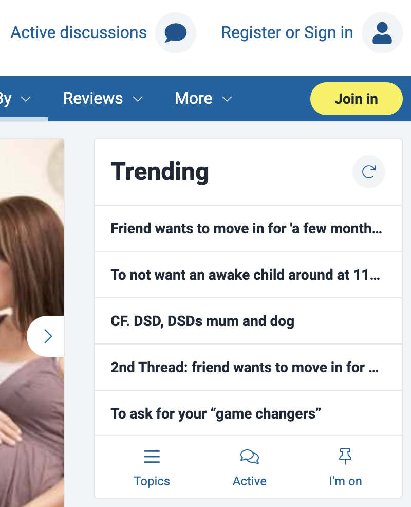 Online community main page shows a small box that shows "Trending group topics" for the new mom community.